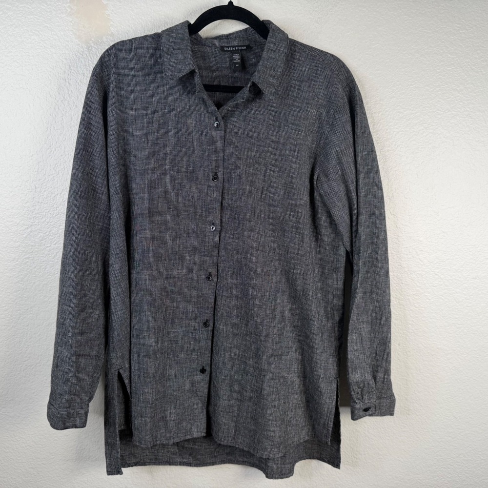 Eileen Fisher Women's Top Black Gray Sz S Hemp Organic Cotton Button Up Coastal